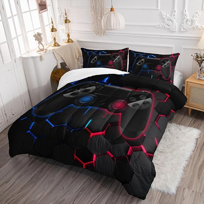 Axolotl Gamer Comforter Sets Full,Geometric Honeycomb Gaming Bedding Sets,Video Games Comforter,Gaming Bedding Set,Game Console Comforter Set for Kids Boys Girls Teens,1 Quilt 2 Pillowcases,Blue Red - LeafyLoom