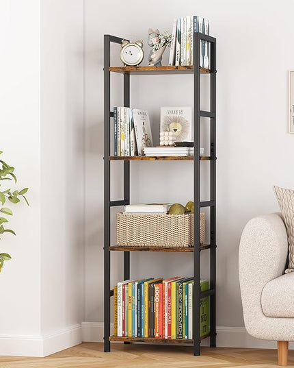 4 Tier Bookshelf, Small Book Shelf Industrial Bookcase, Metal Narrow Book Case Book Storage Organizer,Bookshelves for Bedroom Office Living Room(4 Tier,Rustic Brown) - LeafyLoom