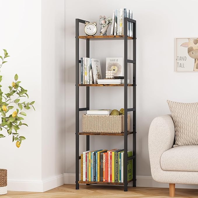 4 Tier Bookshelf, Small Book Shelf Industrial Bookcase, Metal Narrow Book Case Book Storage Organizer,Bookshelves for Bedroom Office Living Room(4 Tier,Rustic Brown) - LeafyLoom