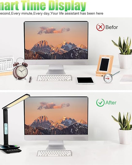 Desk Lamp with Wireless Charger, USB Charging Port, Dimmable Office Desk Light with Clock, Alarm, Date, Temperature, Foldable Lamp for Table Bedroom Bedside Office (Black Pro) - LeafyLoom