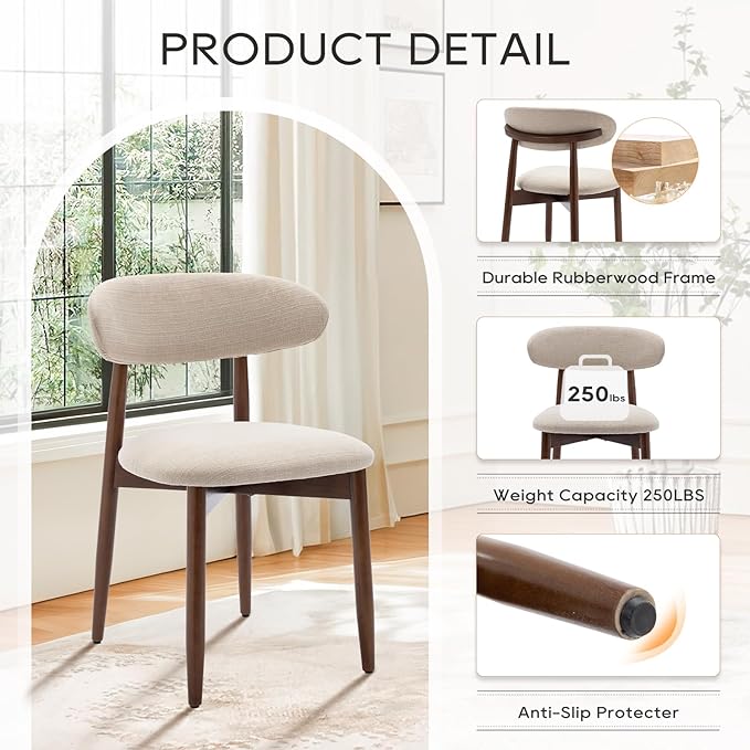 COLAMY Wooden Dining Chairs Set of 4, Modern Fabric Upholstered Kitchen Side Chairs, Farmhouse Dining Room Chair with Foot Pegs, Beige - LeafyLoom