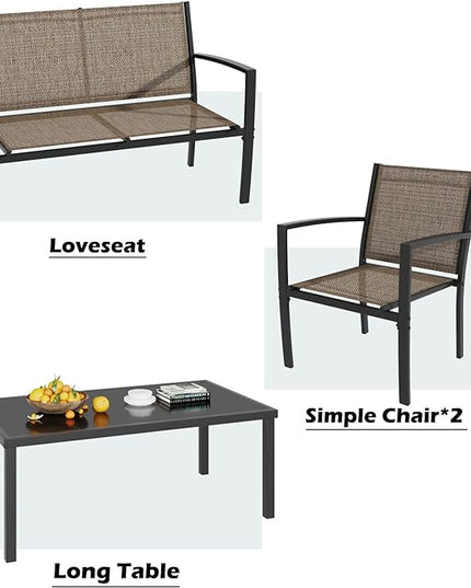 Greesum 4 Pieces Patio Furniture Set, Outdoor Conversation Sets for Patio, Lawn, Garden, Poolside with A Glass Coffee Table, Brown - LeafyLoom