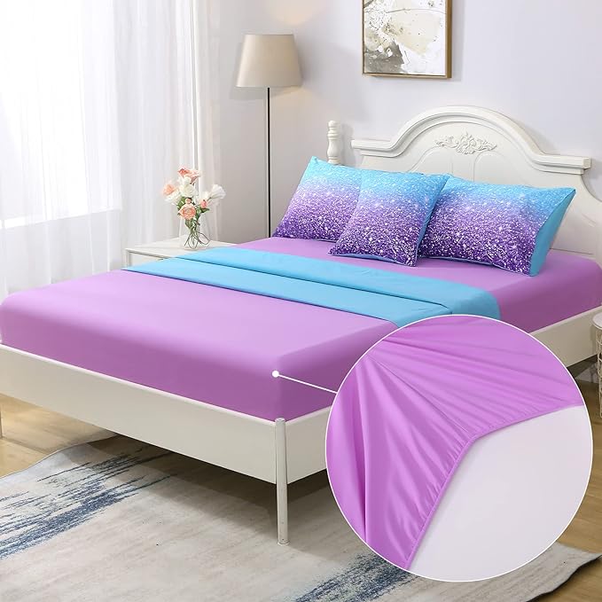JQinHome Queen Blue Purple Comforter Set, 6 Piece Bed in A Bag 3D Colorful Ombre Bedding Set for Girls Women (1 Comforter,2 Pillowcases,1 Flat Sheet,1 Fitted Sheet,1 Cushion Cover)(Blue Purple) - LeafyLoom
