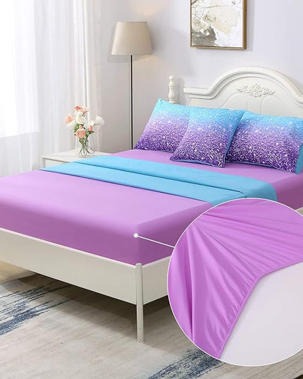 JQinHome Full Blue Purple Comforter Set, 6 Piece Bed in A Bag 3D Colorful Ombre Bedding Set for Girls Women (1 Comforter,2 Pillowcases,1 Flat Sheet,1 Fitted Sheet,1 Cushion Cover)(Blue Purple) - LeafyLoom