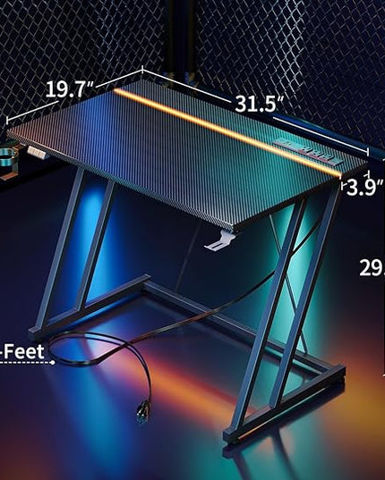 MOTPK Small Gaming Desk with LED Lights & Power Outlet, Computer Desk 31.5inch for Small Space, Cheap Gaming Table with Carbon Fiber Texture, Kids Desk Gift for Boys Men, Black - LeafyLoom