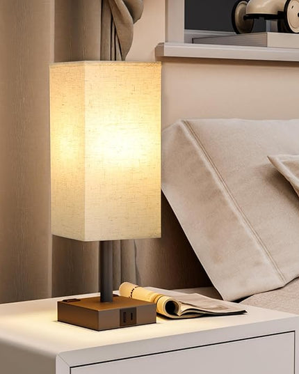 Touch Bedside Table Lamp For Nightstand - 3-Way Dimmable Night Lamp with USB A + Type C Charging Ports and two AC Outlets, Small Desk Light with E26 LED Bulb for Bedroom Living Room Dorm, BEIGE - LeafyLoom