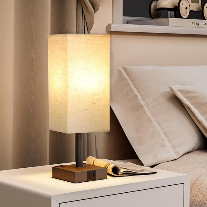 Touch Bedside Table Lamp For Nightstand - 3-Way Dimmable Night Lamp with USB A + Type C Charging Ports and two AC Outlets, Small Desk Light with E26 LED Bulb for Bedroom Living Room Dorm, BEIGE - LeafyLoom
