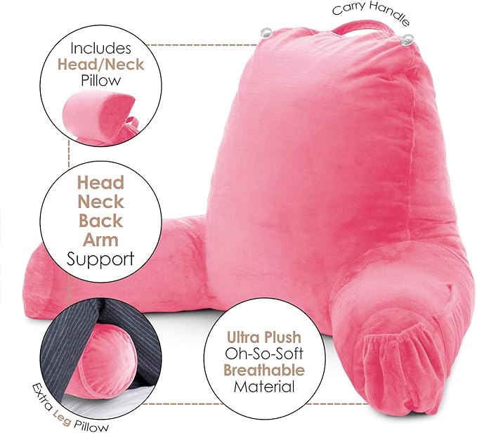 Clara Clark Reading Pillow, Large Back Pillow for Sitting Up in Bed, Memory Foam Back Support Pillow, Reading Pillows for Sitting in Bed Adult, Light Pink Sit Up Pillow for Bed with Arms and Pockets - LeafyLoom