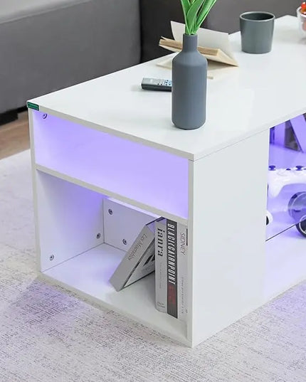 HOMMPA LED Coffee Tables for Living Room Modern White Coffee Table with 3 Shelves Open Glass Storage High Glossy Center Table Sofa Cocktail Table with 16 Colors LED Lights for Home Furniture White - LeafyLoom