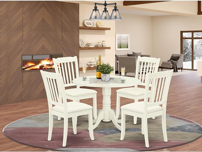 East West Furniture DLDA5-WHI-C Dublin 5 Piece Set Includes a Round Dining Room Table with Dropleaf and 4 Fabric Upholstered Chairs, 42x42 Inch, Linen White - LeafyLoom