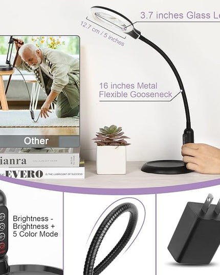 2-in-1 10X Magnifying Glass with Light and Stand, 5 Color Modes Stepless Dimmable LED Magnifying Clamp Lamp, Desk Lighted Magnifier Hands Free for Craft Close Work Sewing Painting Hobby, Black - LeafyLoom