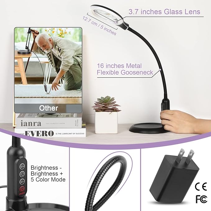 2-in-1 10X Magnifying Glass with Light and Stand, 5 Color Modes Stepless Dimmable LED Magnifying Clamp Lamp, Desk Lighted Magnifier Hands Free for Craft Close Work Sewing Painting Hobby, Black - LeafyLoom
