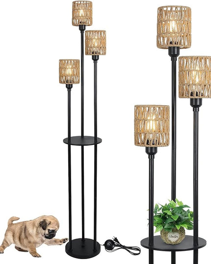 Boho Floor Lamp with Shelves, 3-Lights Farmhouse Tall Floor Lamp with ON/OFF Foot Switch, Rustic Standing Lamp with Rattan Shades for Living Room Bedroom Office - LeafyLoom