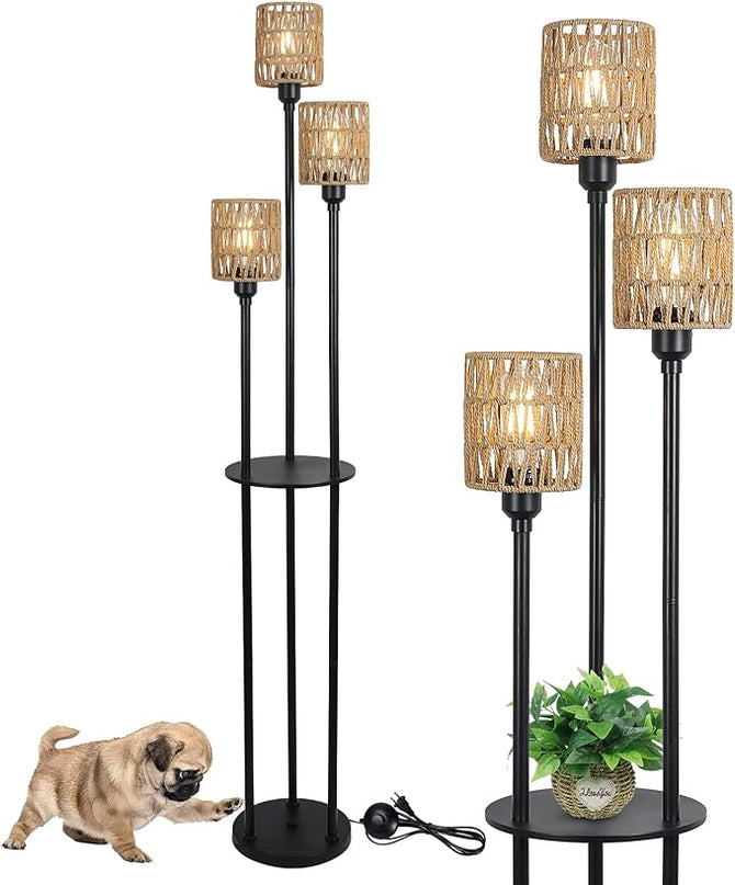 Boho Floor Lamp with Shelves, 3-Lights Farmhouse Tall Floor Lamp with ON/OFF Foot Switch, Rustic Standing Lamp with Rattan Shades for Living Room Bedroom Office - LeafyLoom