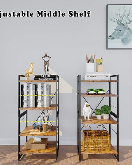 4 Tiers Bookshelf Adjustable Shelf Organizer, Rustic Brown Small Bookcase for Small Space,Industrial Wooden Storage Bookcase Display Rack and Storage Organizer for Living Room Home Office - LeafyLoom