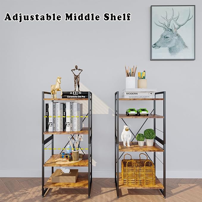 4 Tiers Bookshelf Adjustable Shelf Organizer, Rustic Brown Small Bookcase for Small Space,Industrial Wooden Storage Bookcase Display Rack and Storage Organizer for Living Room Home Office - LeafyLoom