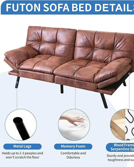 MUUEGM Faux Leather Futon Sofa Bed, Convertible Memory Foam Couch Bed, Modern Love Seat for Living Room,Compact Space,Apartment,Office,Adjustable Backrests Armrests Couch Sleeper,71" Brown - LeafyLoom