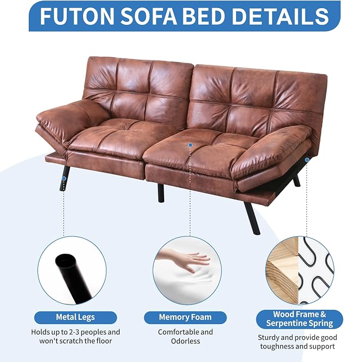 MUUEGM Faux Leather Futon Sofa Bed, Convertible Memory Foam Couch Bed, Modern Love Seat for Living Room,Compact Space,Apartment,Office,Adjustable Backrests Armrests Couch Sleeper,71" Brown - LeafyLoom