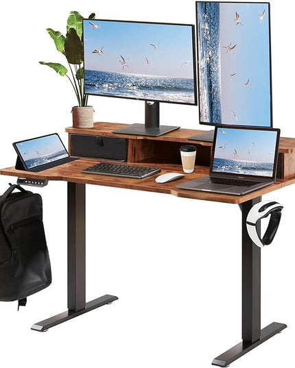 VEVOR Standing Desk with Shelves 47.2 x 23.6 Inch Height Adjustable Desk Dual Monitor Riser Workstation Adjustable Desk 3-Key Modes Sturdy Dual Metal Frame 180LBS Capacity for Home Office - LeafyLoom