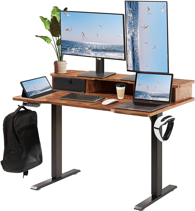 VEVOR Standing Desk with Shelves 47.2 x 23.6 Inch Height Adjustable Desk Dual Monitor Riser Workstation Adjustable Desk 3-Key Modes Sturdy Dual Metal Frame 180LBS Capacity for Home Office - LeafyLoom
