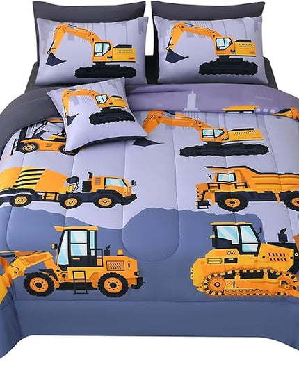 JQinHome Construction Twin Bedding Sets for Boys Kids,6 Piece Bed in A Bag 3D Cartoon Car Excavator Tractor Comforter Set with Sheet Set,Trucks Cars - LeafyLoom
