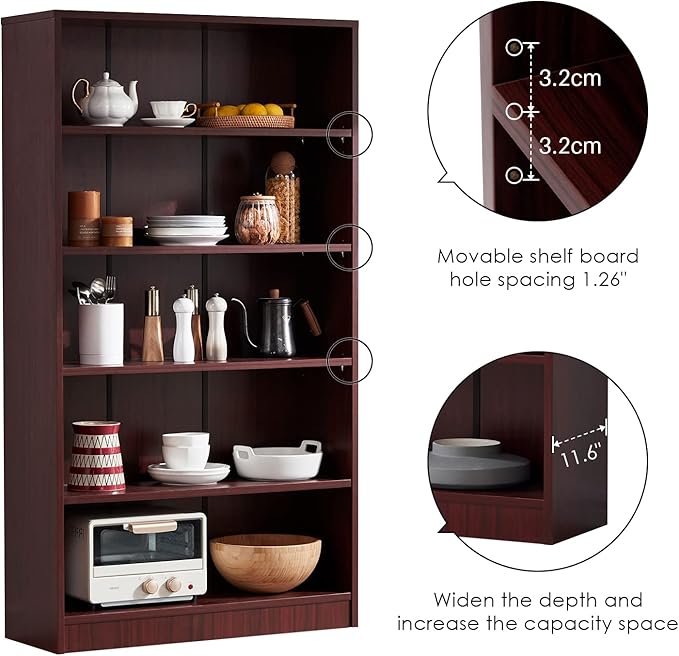 Farini Mahogany Bookshelf for Bedroom 5 Shelf Office Bookcase 60 Inches Tall Modern Wood Bookshelf for Living Room 5 Tier Wide Manga Bookshelf Library Bookcase - LeafyLoom