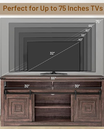 Zanzio 66" Farmhouse TV Stand for up to 75 inch TVs, Rustic Entertainment Center Media Console Table with Sliding Barn Doors Living Room Bedroom Wooden TV Cabinet (Rustic Brown) - LeafyLoom