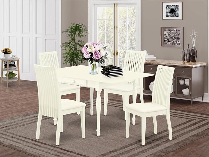 East West Furniture Monza 5 Piece Room Set Includes a Rectangle Kitchen Table with Dropleaf and 4 Fabric Upholstered Dining Chairs, 36x54 Inch, Linen White - LeafyLoom