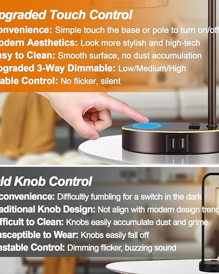 Industrial Touch Table Lamps Set of 2 - Bedside Lamps with 2 USB Ports & AC Outlet, 3-Way Dimmable Nightstand Desk Lamp for Bedroom Living Room, Glass Shade & 2 LED Bulbs Included - Oil-Rubbed Bronze - LeafyLoom