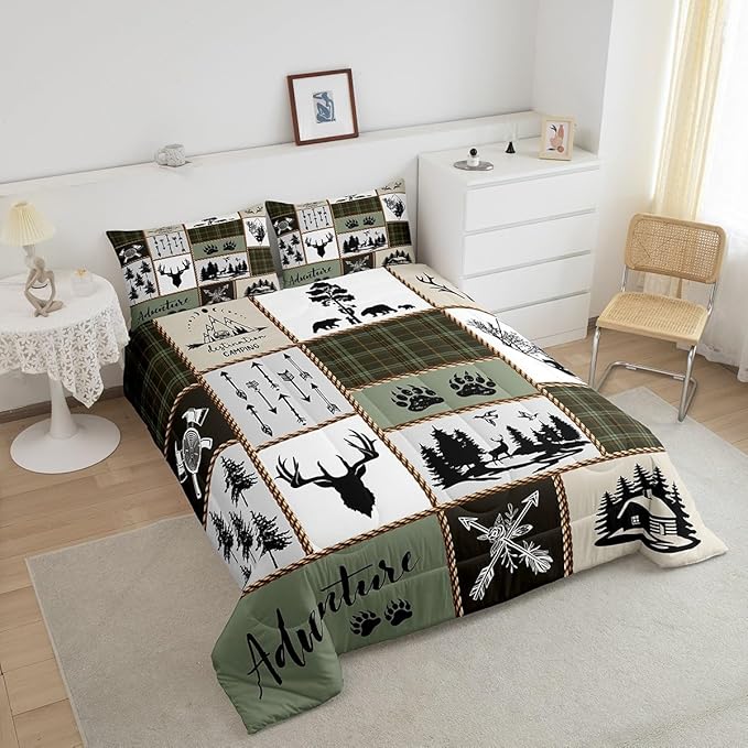 Rustic Farmhouse Kids Comforter Set King Size,Deer Antlers Bear Paws Plaids Patchwork Bedding Set for Boys Girls Adults Room Decor,Pine Trees Arrows Down Comforter,Retro Duvet Insert,2 Pillowcases - LeafyLoom