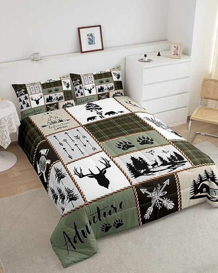 Rustic Farmhouse Kids Comforter Set Twin Size,Deer Antlers Bear Paws Plaids Patchwork Bedding Set for Boys Girls Adults Room Decor,Pine Trees Arrows Down Comforter,Retro Duvet Insert,1 Pillowcase - LeafyLoom