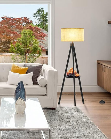 LEPOWER Tripod Floor Lamp, Mid Century Wood Standing Lamp, Modern Design Shelf Floor Lamp for Living Room, Bedroom, Office, Flaxen Lamp Shade with E26 Lamp Base Black - LeafyLoom