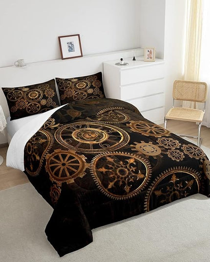 Golden Ndustrial Gear Comforter Set Twin Size Steampunk Style Bedding Set Clocks Theme Bedding Sets & Collections For Kids Boys Teens Men Mechanical Device Quilt Set,Retro Style Bedroom Decor - LeafyLoom