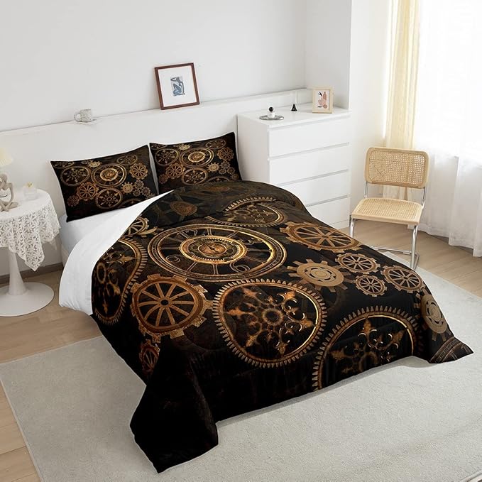 Golden Ndustrial Gear Comforter Set Full Size Steampunk Style Bedding Set Clocks Theme Bedding Sets & Collections For Kids Boys Teens Men Mechanical Device Quilt Set,Retro Style Bedroom Decor - LeafyLoom
