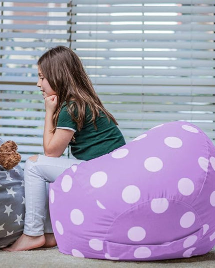 Wekapo Stuffed Animal Storage Bean Bag Chair Cover for Kids | Stuffable Zipper Beanbag for Organizing Children Plush Toys Large Premium Cotton Canvas (Purple Dot, X-Large) - LeafyLoom