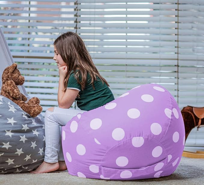 Wekapo Stuffed Animal Storage Bean Bag Chair Cover for Kids | Stuffable Zipper Beanbag for Organizing Children Plush Toys Large Premium Cotton Canvas (Purple Dot, X-Large) - LeafyLoom