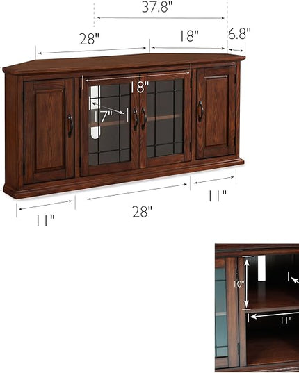 Leick Home Leaded Glass Corner Stand with Enclosed Storage for 60" TV's, Burnished Oak - LeafyLoom