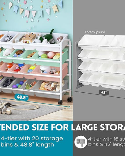 Kids Toy Storage Organizer with 20 Plastic Bins, 4-Tier Metal Toy Storage Rack, Extra Large Toy Organizer and Storage Bins for Kids Room, Playroom and Nursery, Multi-Color - LeafyLoom