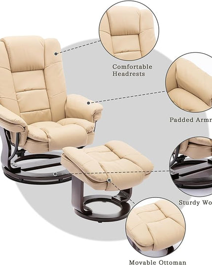 JC Home Swivel Ottoman Bonded Leather Recliner Chair and Foot Rest for Living Room, Home Theater, Man Cave, Bedroom-Round Mahogany Base-Modern, Contemporary Furniture, offwhite - LeafyLoom