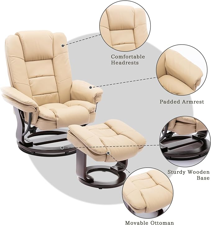 JC Home Swivel Ottoman Bonded Leather Recliner Chair and Foot Rest for Living Room, Home Theater, Man Cave, Bedroom-Round Mahogany Base-Modern, Contemporary Furniture, offwhite - LeafyLoom