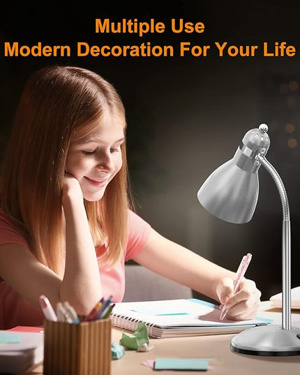 LEPOWER Metal Desk Lamp, Adjustable Goose Neck Table Lamp, Eye-Caring Study Desk Lamps for Bedroom, Study Room and Office (Silver) - LeafyLoom