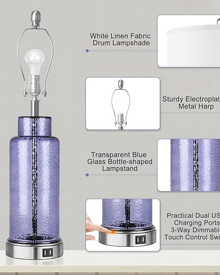 QiMH Table Lamps for Bedrooms Set of 2, Blue Glass Beside Lamps for Living Room with Touch Control USB Ports, 26" Large Modern Coastal Nightstand Lamp White Shade Home Decor(LED Bulbs Included) - LeafyLoom