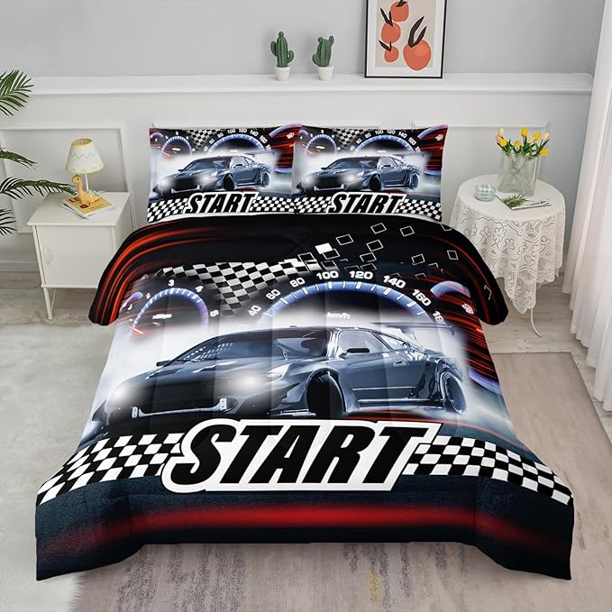 Axolotl Race Car Comforter Set Full Size,Extreme Sports Bedding Set for Boys Teens Kids Girls Room Decor,Cool Speed Luxury Car Quilt Bed Set with 1 Comforter 2 Pillowcases Car Racing Gifts - LeafyLoom