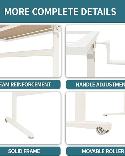Manual Standing Desk Adjustable Height- Crank Mobile Standing Desk 48 x 24 Inches Sit Stand Desk Frame & Top, Stand Up Desk on Wheels, Computer Desk White Frame & Maple - LeafyLoom