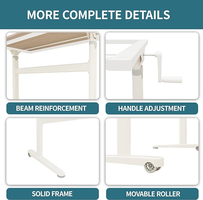 Manual Standing Desk Adjustable Height- Crank Mobile Standing Desk 48 x 24 Inches Sit Stand Desk Frame & Top, Stand Up Desk on Wheels, Computer Desk White Frame & Maple - LeafyLoom