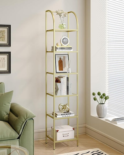 Bookcase Bookshelf, Tempered Glass Arched Bookshelf for More Storage, Slim Shelving Unit for Bedroom, Bathroom, Home Office, Steel Frame, 6 Tier Gold BC20699G - LeafyLoom