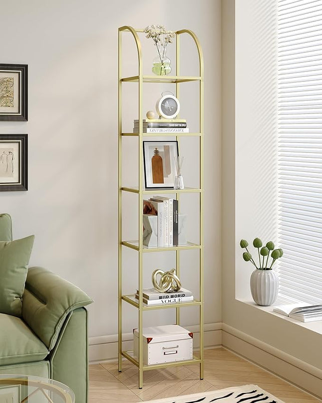 Bookcase Bookshelf, Tempered Glass Arched Bookshelf for More Storage, Slim Shelving Unit for Bedroom, Bathroom, Home Office, Steel Frame, 6 Tier Gold BC20699G - LeafyLoom