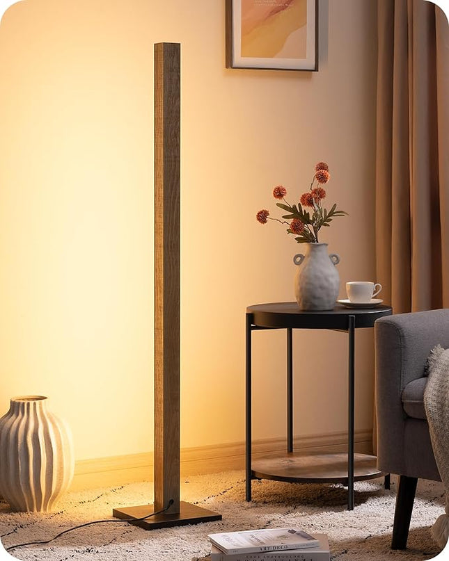 EDISHINE Wood LED Corner Floor Lamp, Modern Dimmable Light with Remote, Minimalist Standing Floor Light for Living Room, Bedroom, Office, 7 Color Temperature 2700~6000K, 46" - LeafyLoom