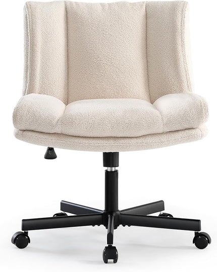 LEAGOO Armless Desk Chair, Office Chair with Wheels, Desk Chair with Furry, Modern Swivel Height Adjustable Office Chair with Wide Seat for Home, Office, Make Up, Bed Room - Cream White - LeafyLoom