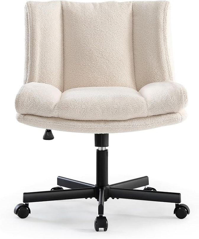 LEAGOO Armless Desk Chair, Office Chair with Wheels, Desk Chair with Furry, Modern Swivel Height Adjustable Office Chair with Wide Seat for Home, Office, Make Up, Bed Room - Cream White - LeafyLoom